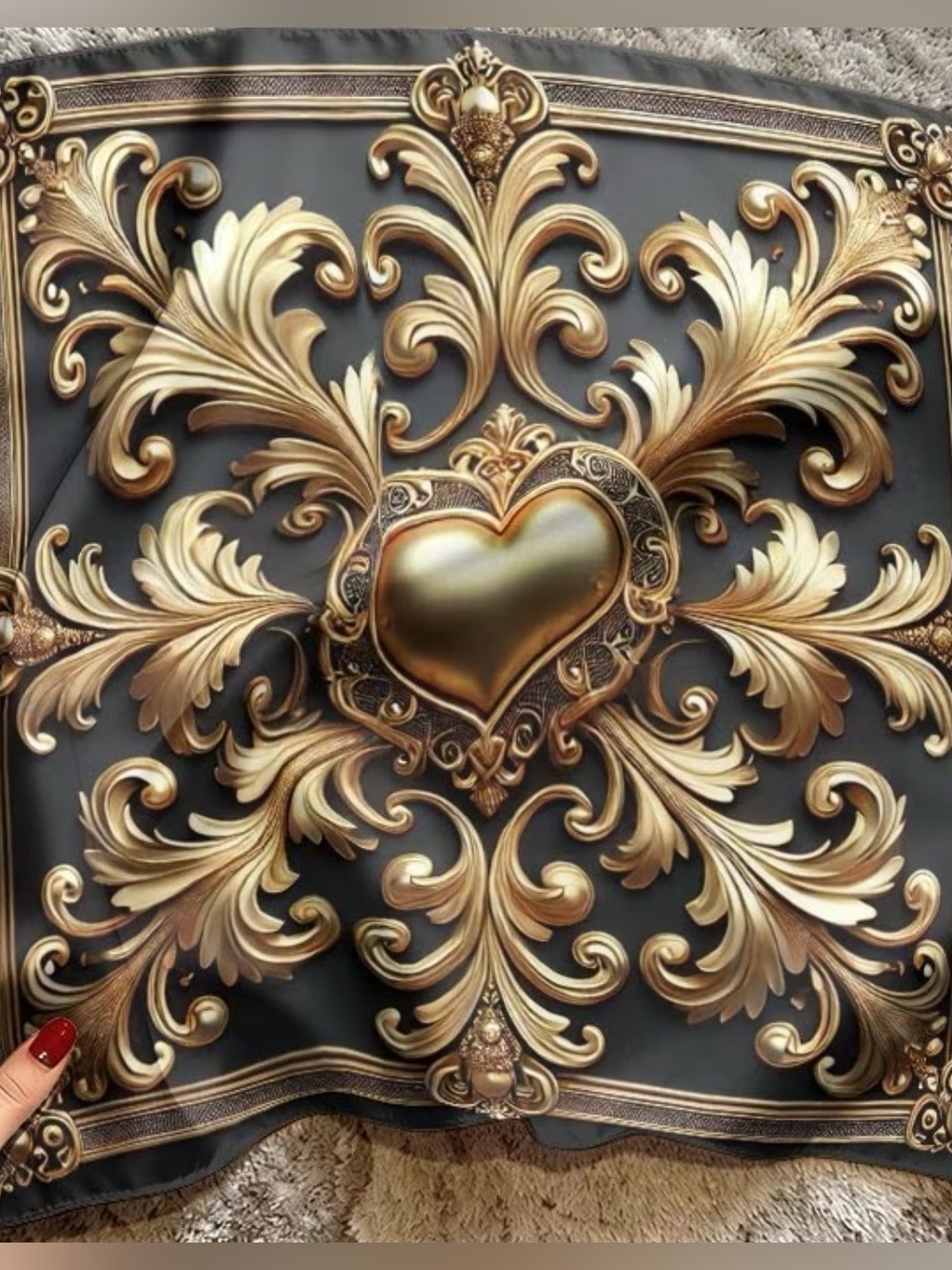Luxury Baroque Heart Silk-Feel Scarf - Black & Gold